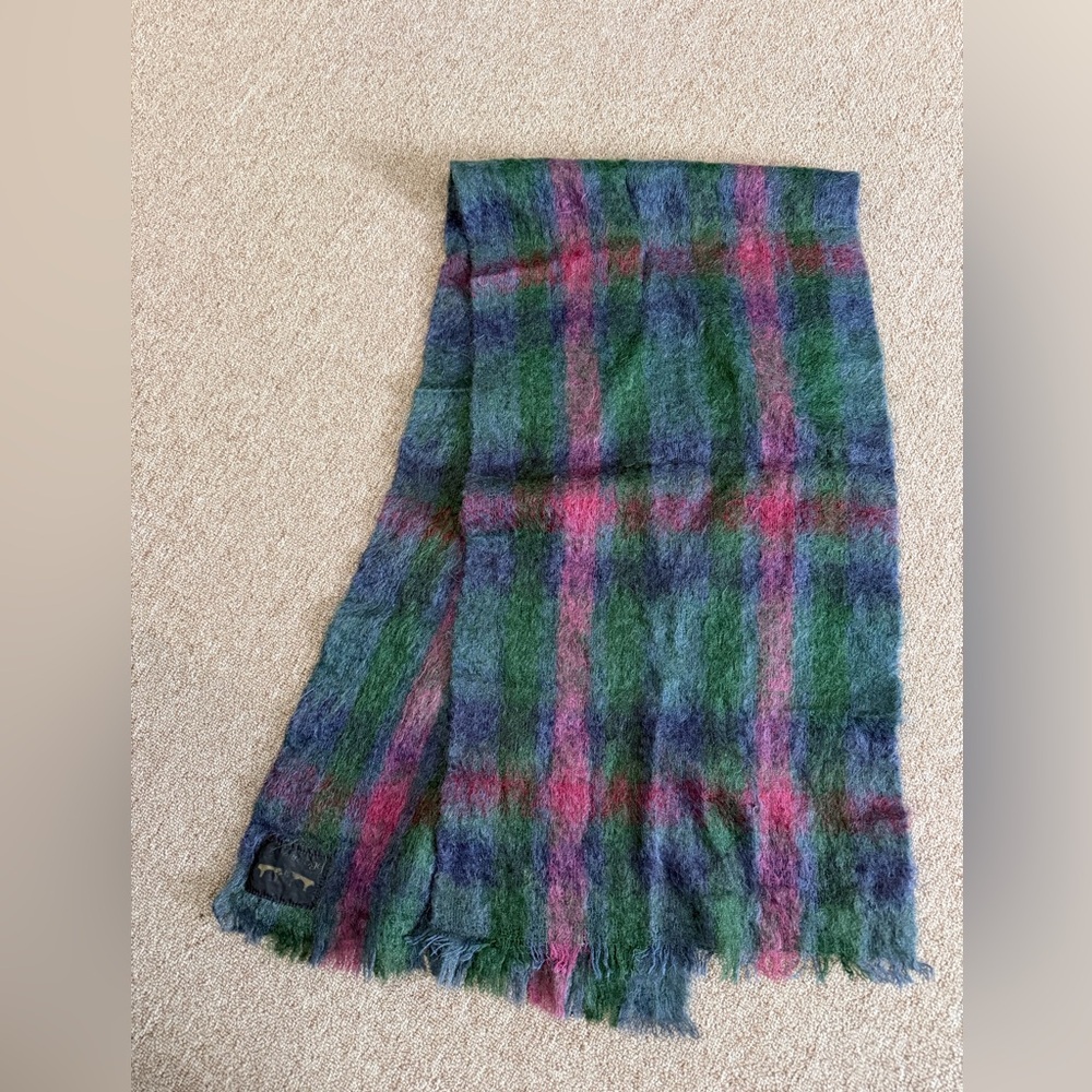 Green plaid Creebridge Newton Stewart Scottish Mohair Wool Neck Scarf  72”x 18”
